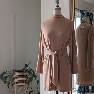 NWT REFORMATION Jeans Meagan Knit Long Sleeve Tan Sweater Mini Dress w/Tie Front
